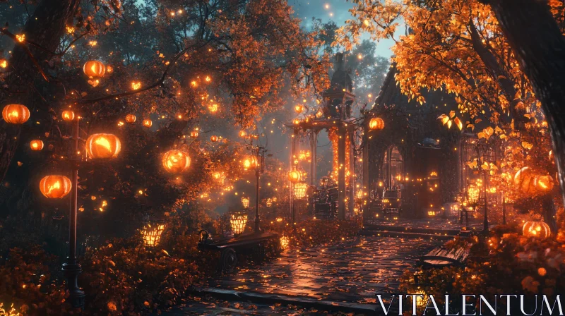 AI ART Autumnal Illumination: A Pumpkin-Lit Park Scene