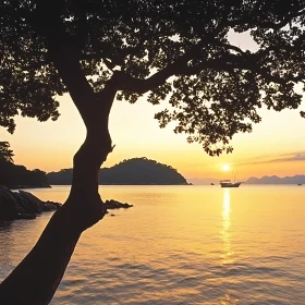 Serene Seascape at Sunset with Tree Silhouette