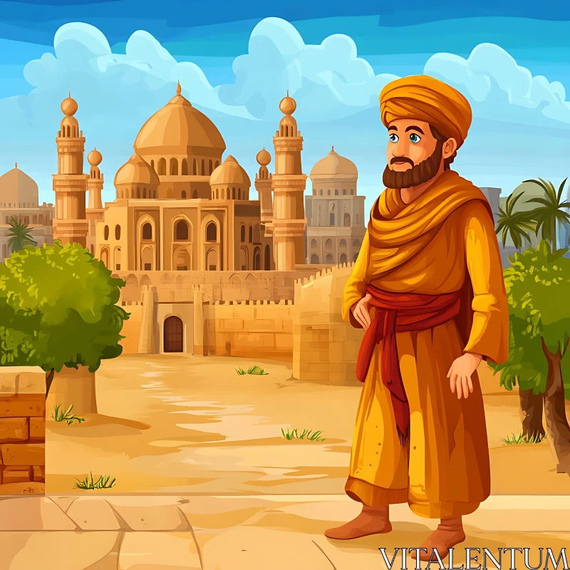 Historical Figure in Middle Eastern Cityscape AI Image