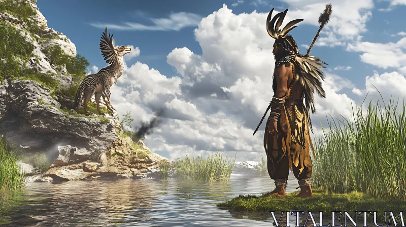 Fantasy Scene: Warrior Facing Winged Beast AI Image