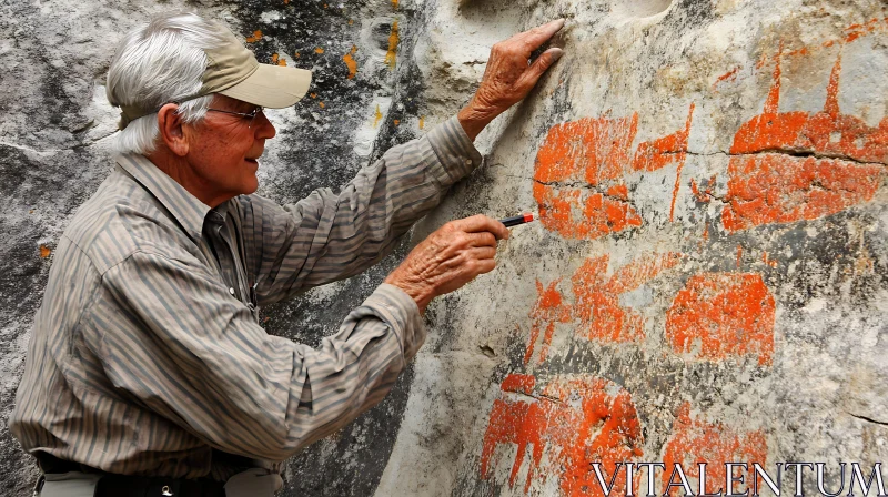 AI ART Man Inspecting Ancient Rock Art