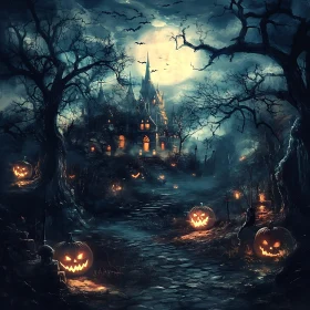 Spooky Pumpkins and Castle on Halloween Night