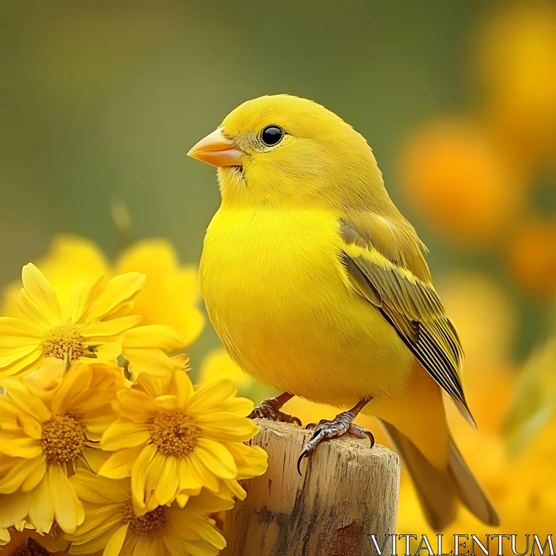 Golden Bird Perched on Wood Post AI Image