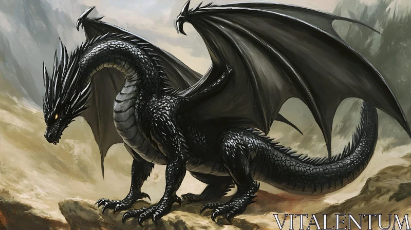 AI ART Black Dragon Perched on Rocks