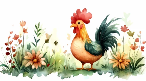 Watercolor Rooster and Floral Scenery