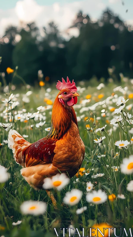 AI ART Rooster in Blooming Meadow