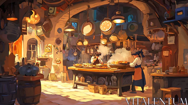 AI ART Figures Preparing Food in Rustic Kitchen