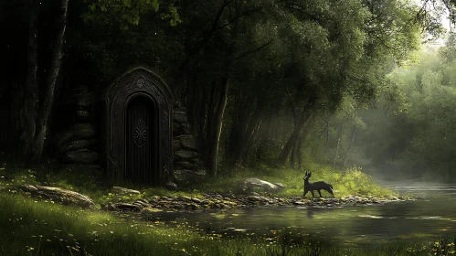 Mystical Forest Scene with Ornate Door