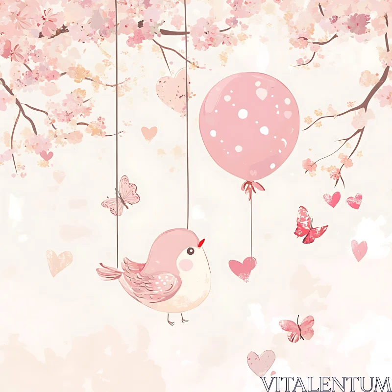 Whimsical Bird and Hearts Artwork AI Image