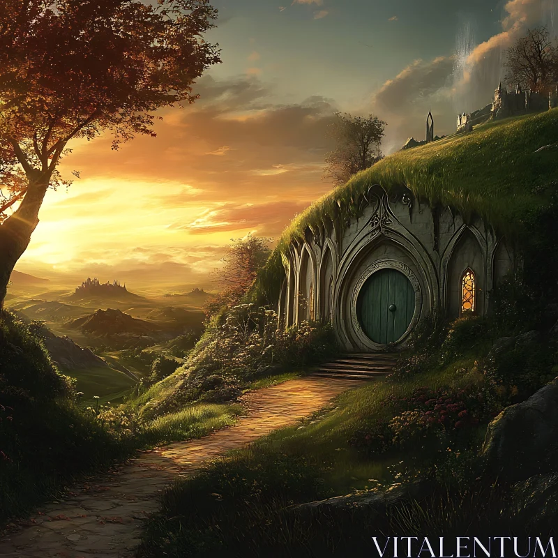 AI ART Picturesque Hobbit Home in Golden Light