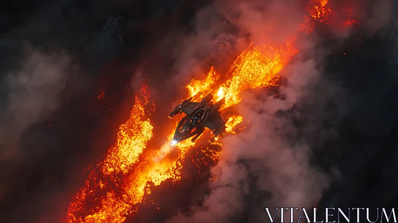 Spaceship amidst Volcanic Lava Flow AI Image