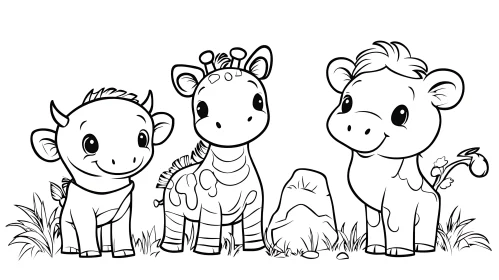 Adorable Baby Giraffe, Cow, and Calf Illustration