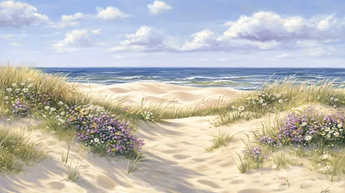 Peaceful Beach Scene with Dunes and Sea