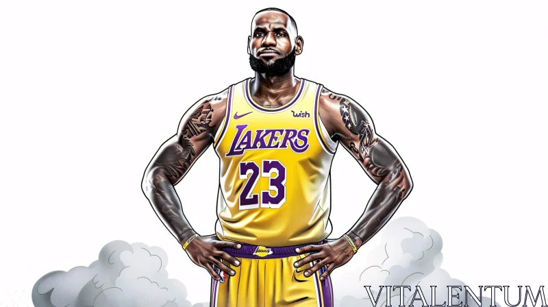 Illustrated Portrait of LeBron James in Lakers Uniform AI Image