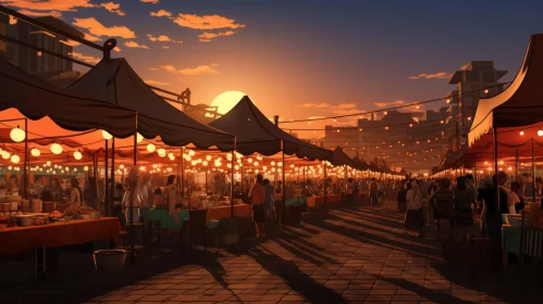 Anime-Style Bustling Market Scene at Dusk with Colorful Lanterns