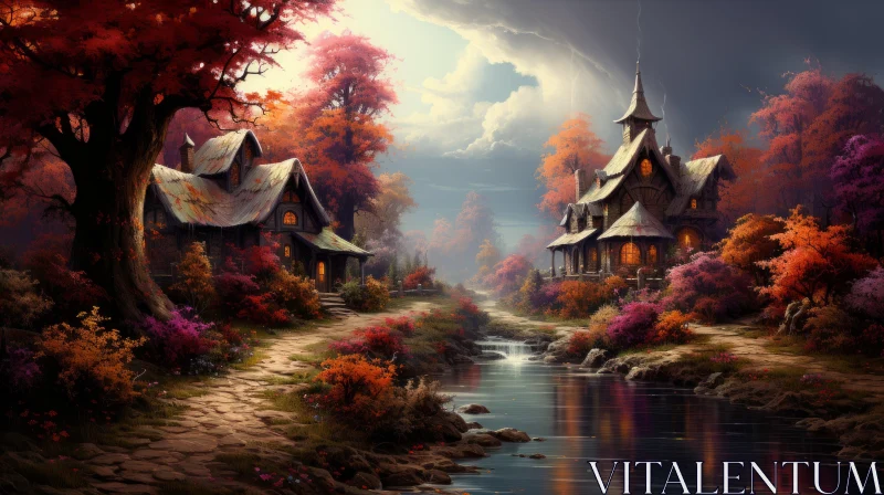 Autumn Fantasy Landscape with Rustic Houses Near Stream AI Image