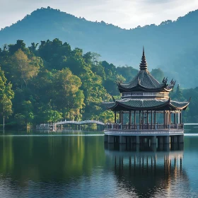 Pavilion on Lake with Mountain Backdrop