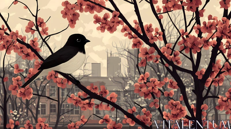 Cherry Blossom Bird Amid Cityscape AI Image