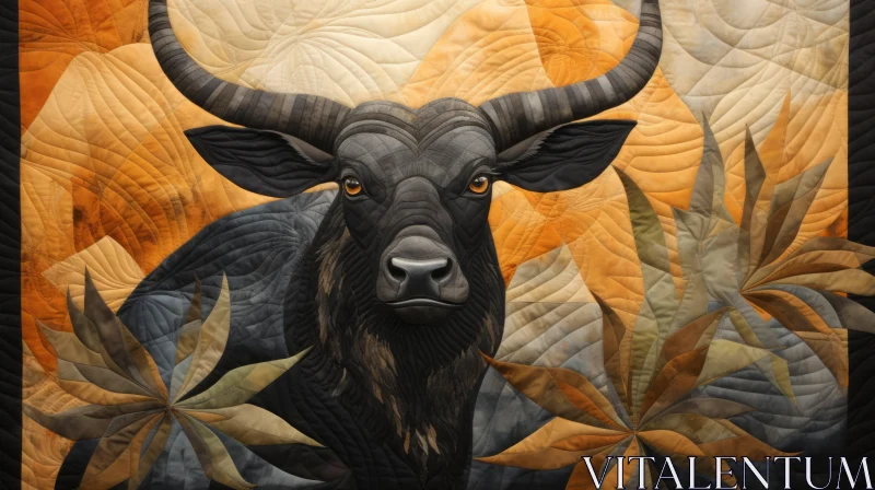 Bull Portrait: A Quilted Masterpiece in Light Orange and Dark Gold AI Image