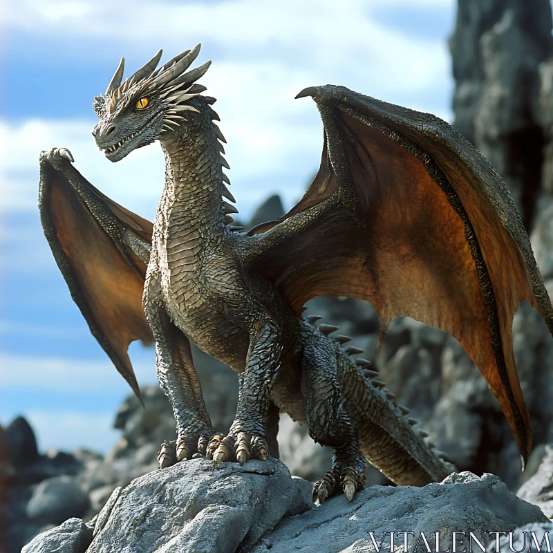 Fantasy Dragon on Stone Ledge AI Image