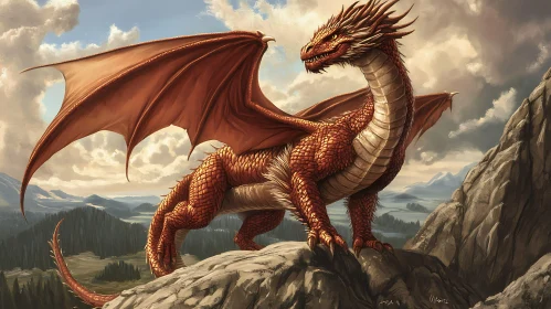 Fantasy Red Dragon on Rocky Landscape