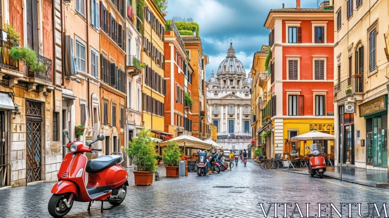 Colorful Street Scene in Rome: Vibrant Cityscape with Red Scooters AI Image