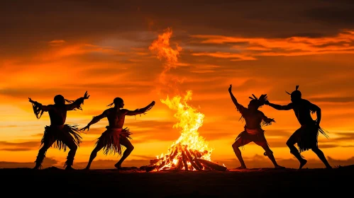 Silhouette Figures Dancing by Firelight