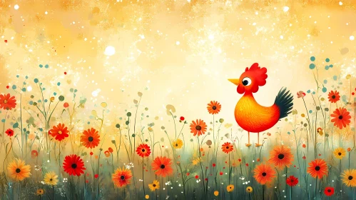 Colorful Cartoon Chicken Amidst Blooming Flowers