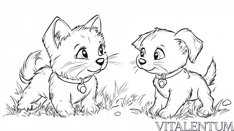 AI ART Illustrated Kitten and Puppy in Grassy Field