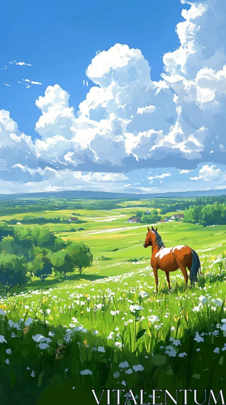 Horse Gazing in Scenic Meadow AI Image