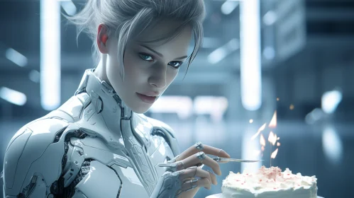 Futuristic Cyberpunk Portraiture: Woman with Cake
