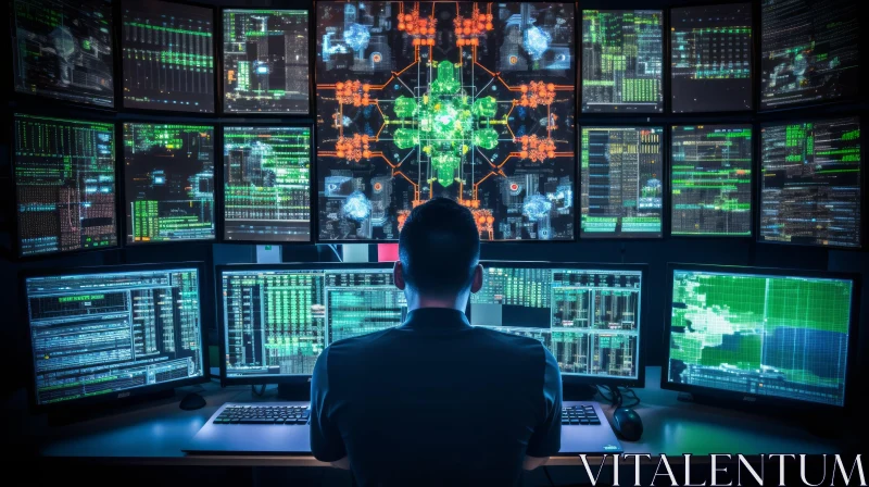 Immersed in Technology: A Captivating Image of a Person Surrounded by Computer Screens AI Image