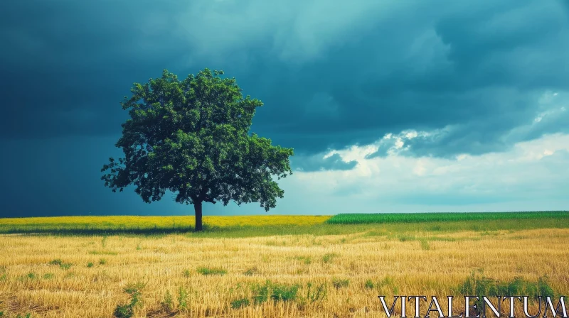 Majestic Tree in Wheat Field Under Dark Sky AI Image