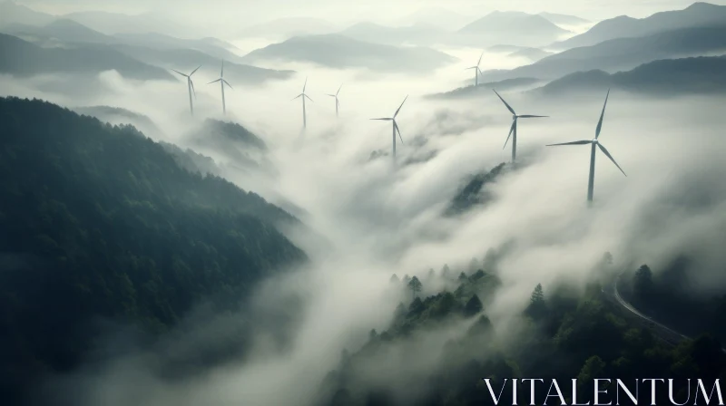 Misty Forest: Wind Turbines in Serene Nature AI Image