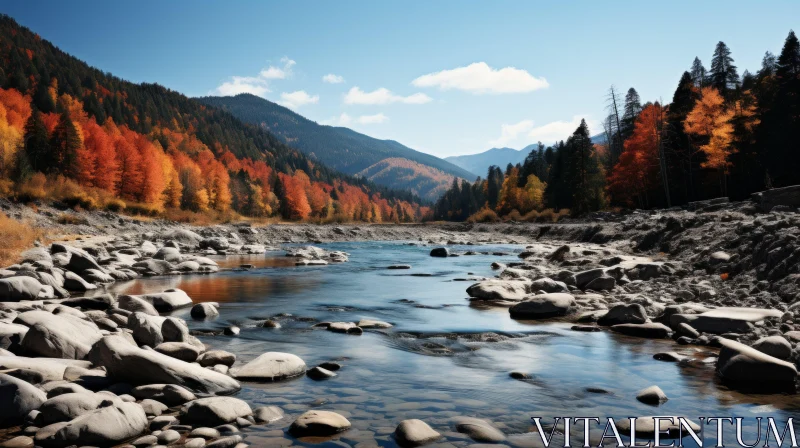 Peaceful Autumn River Scene with Trees and Rocks AI Image