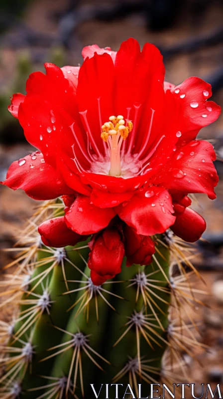 Red Cactus Flower with Dew Drops - A National Geographic Photo AI Image
