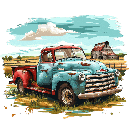 POD Design Rustic Blue Truck on Rural Road - Vintage Countryside Scene