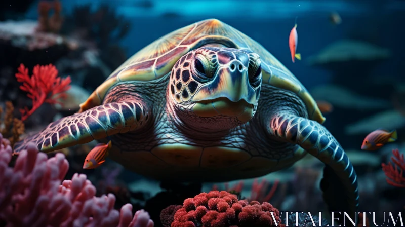 Sea Turtle Amid Corals: A Study in Bold Chromaticity AI Image