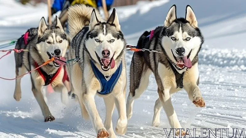 Snowy Trail: Three Huskies Pulling Sled in a Lively Movement AI Image
