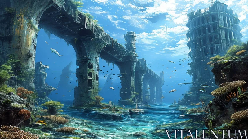 Underwater Serenity: Ancient Ruins and Teeming Sea Life AI Image