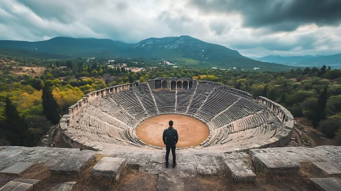 Man Contemplates Ancient Amphitheater