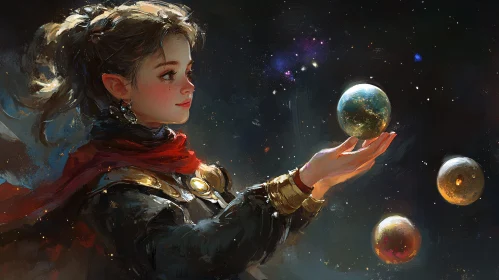 Fantasy Elf Holding Planets in Space