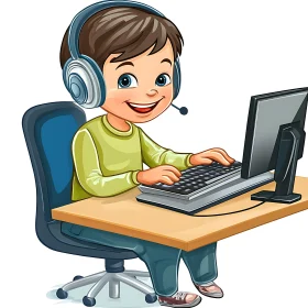 Happy Cartoon Boy at Computer Desk