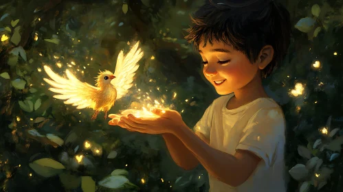 Illustration of Boy with Magical Bird