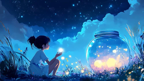 Girl Holding Star Next to Jar