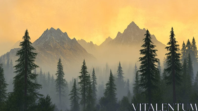 AI ART Golden Hour Mountain Scene with Forest