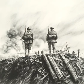 Monochrome Soldiers on Battlefield Artwork