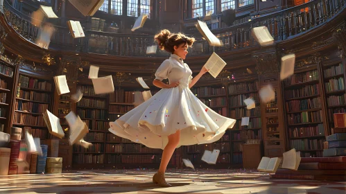 Woman in Library Surrounded by Books