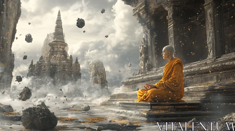 Monk in Meditation at Ancient Temple AI Image