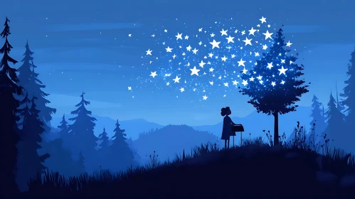 Girl Playing Piano Under Starry Tree